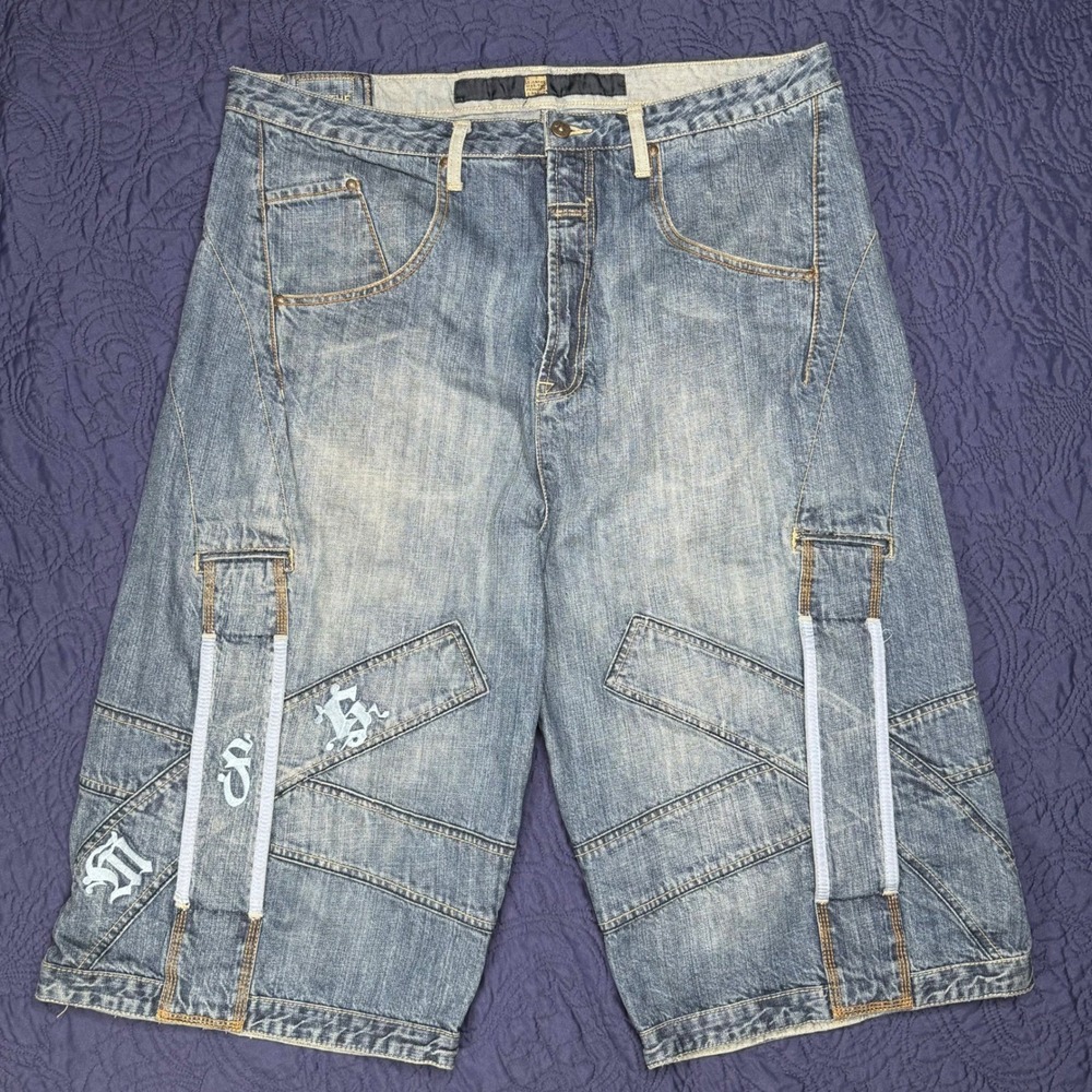 Vintage Girbaud Denim Shorts Mens 40 Baggy Y2K Strap Cargo Jean Embroidered